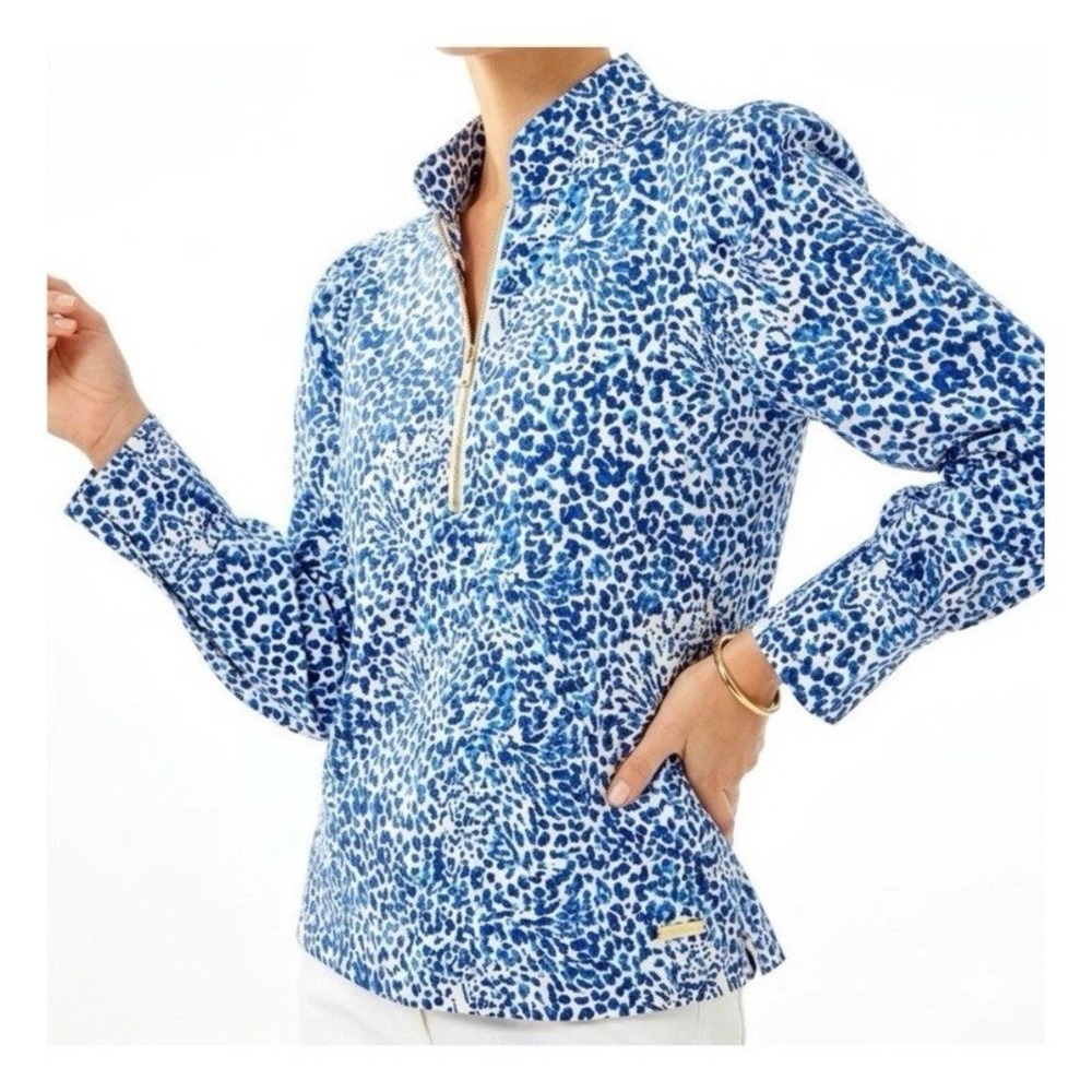 NWT Lilly Pulitzer Womens Cabello Half Zip Pullover Blue Leopard Twisted Up Sz S